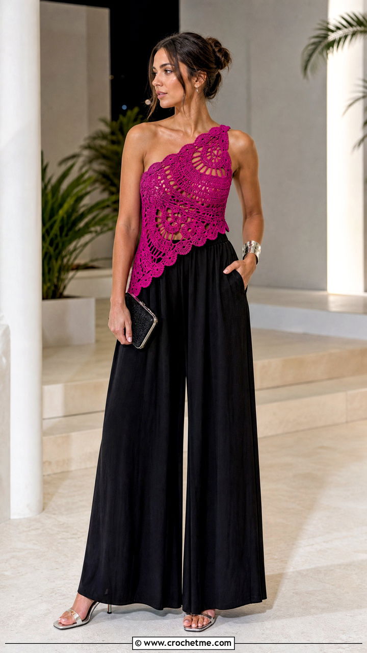 Crochet One Shoulder Top With Palazzo Pants - 35 summer crochet top outfit ideas
