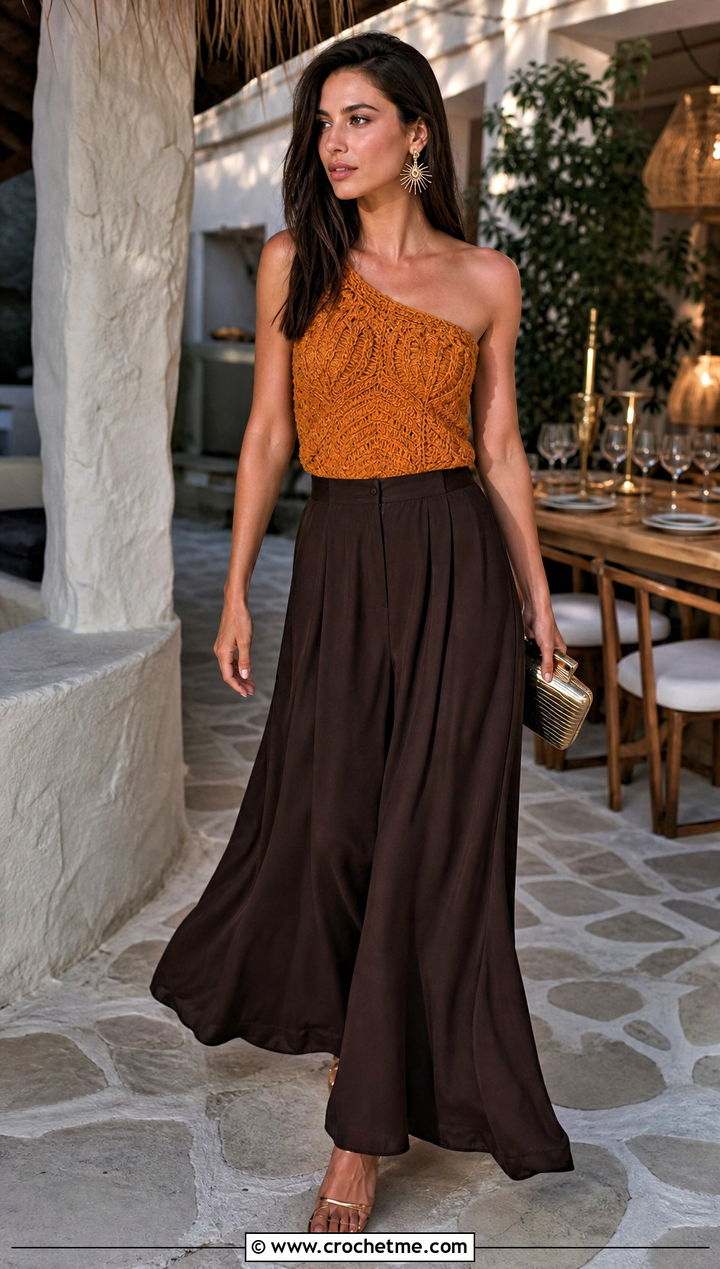 Crochet One Shoulder Top With Palazzo Pants - 30 crochet knitted top outfit ideas