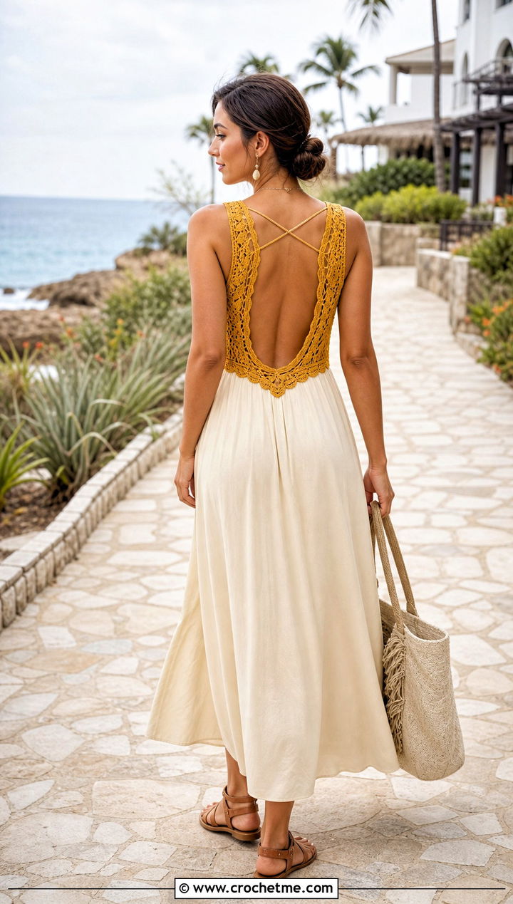 Crochet Open Back Rayon Maxi Dress With Leather Sandals - 25 crochet and fabric dress outfit ideas