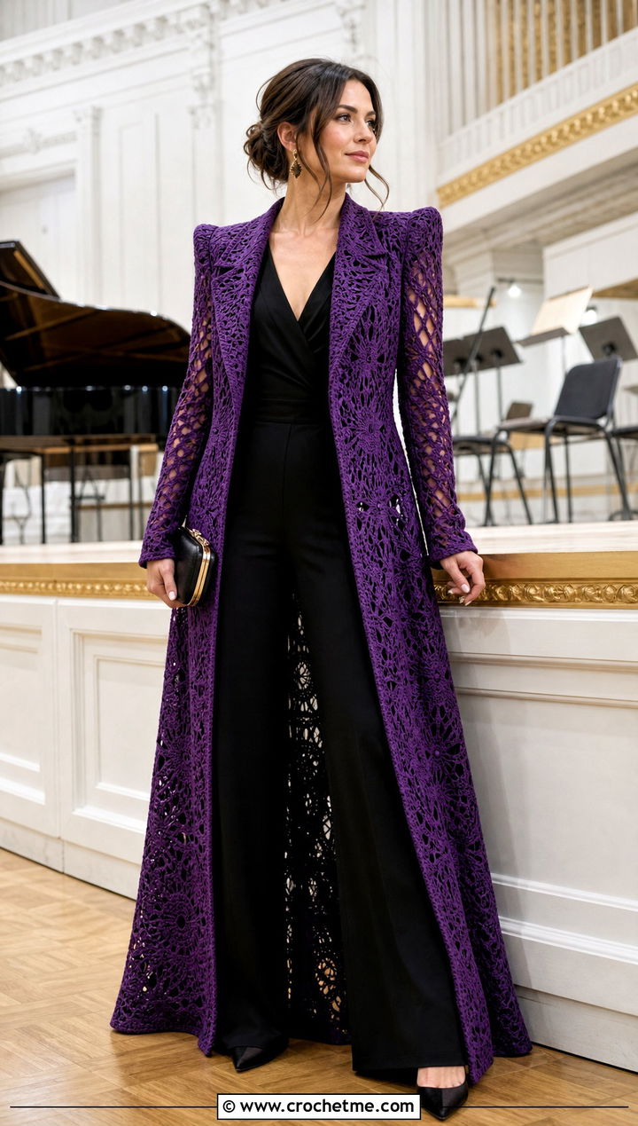 Crochet Opera Coat With Wide Leg Jumpsuit - 30 vintage crochet clothes and outfit ideas