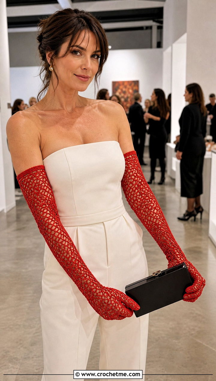 Crochet Opera Gloves With Strapless Jumpsuit - 25 crochet glove outfit ideas