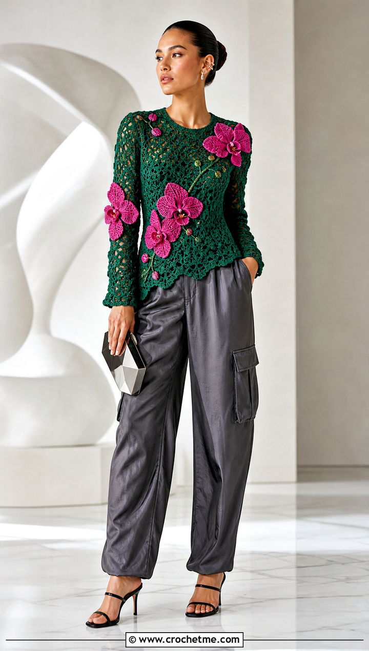 Crochet Orchid Sweater With Satin Cargo Pants - 30 crochet flowers on sweater outfit ideas