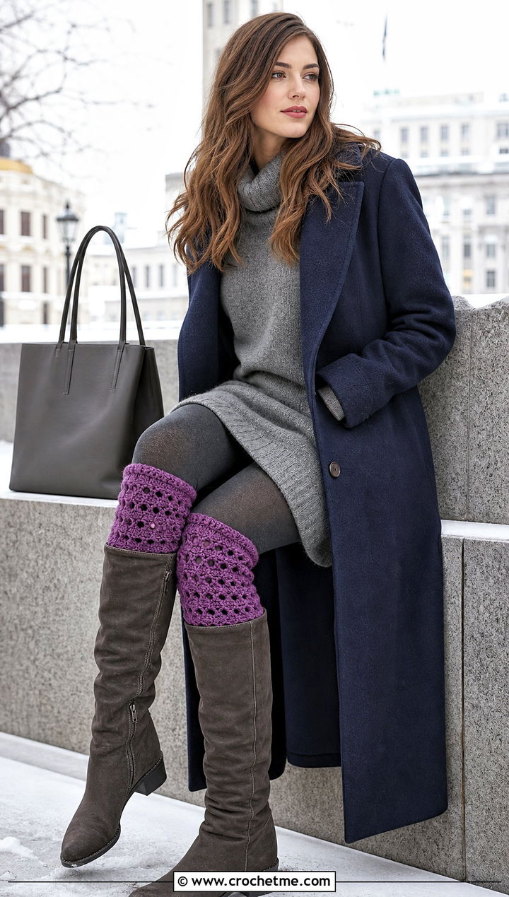 Crochet Over the Knee Socks With Sweater Dress And Boots - 25 Quick Crochet Socks outfit ideas
