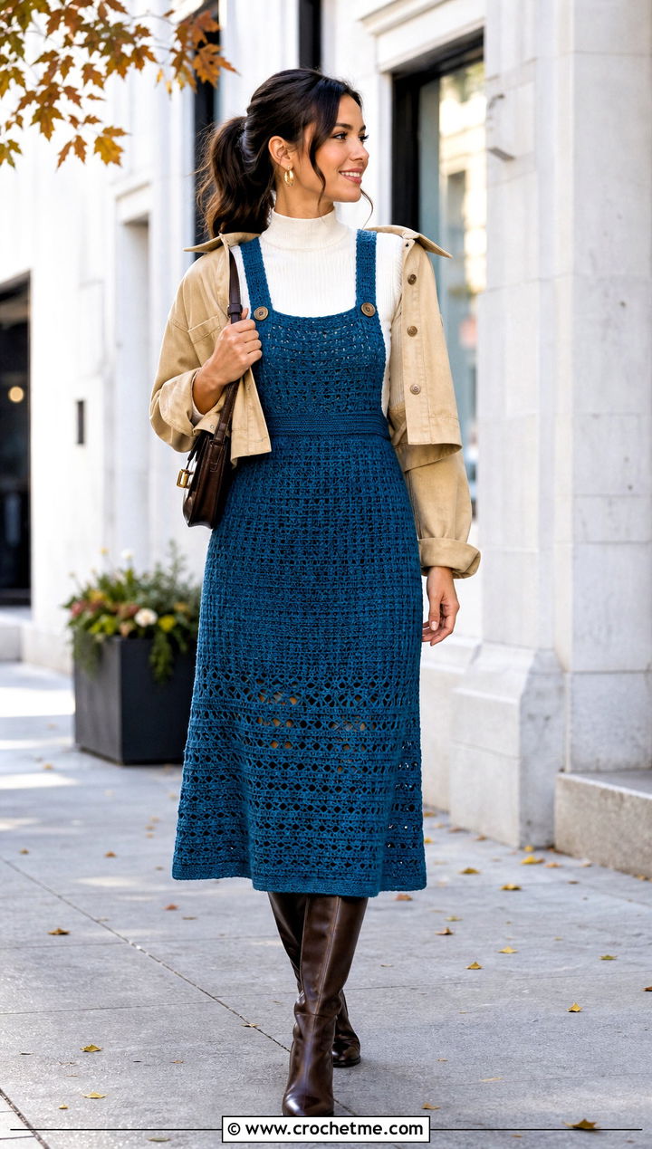 Crochet Overall Midi Dress With Knee High Boots - 35 Crochet Overall Dress outfit ideas