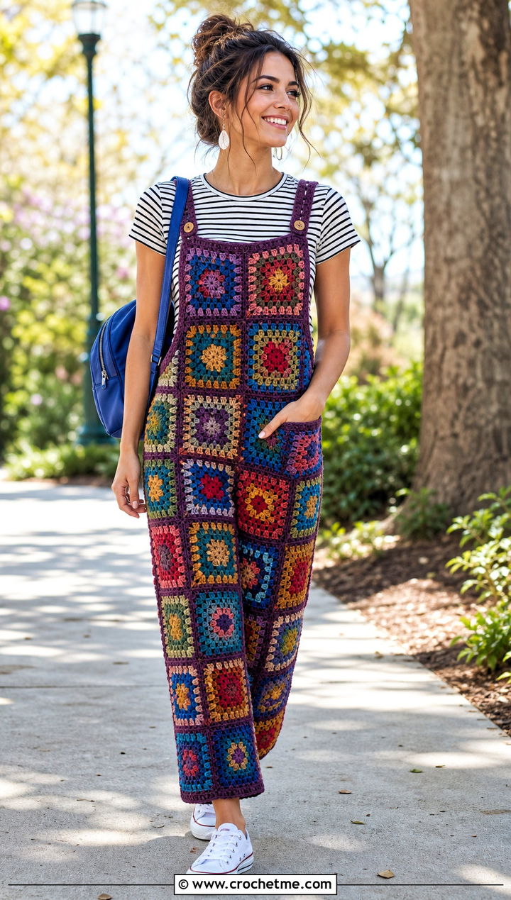 Crochet Overalls With A Striped T Shirt - 25 Simple Crochet Clothes and outfit ideas