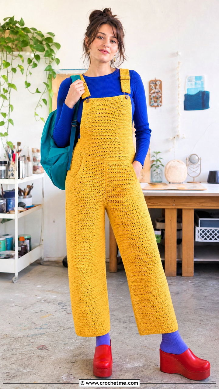 Crochet Overalls With Fitted Knit Top And Clogs - 35 crochet outfits ideas