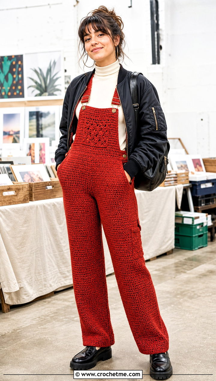 Crochet Overalls With Fitted Turtleneck - 30 Edgy Crochet Clothes and outfit ideas