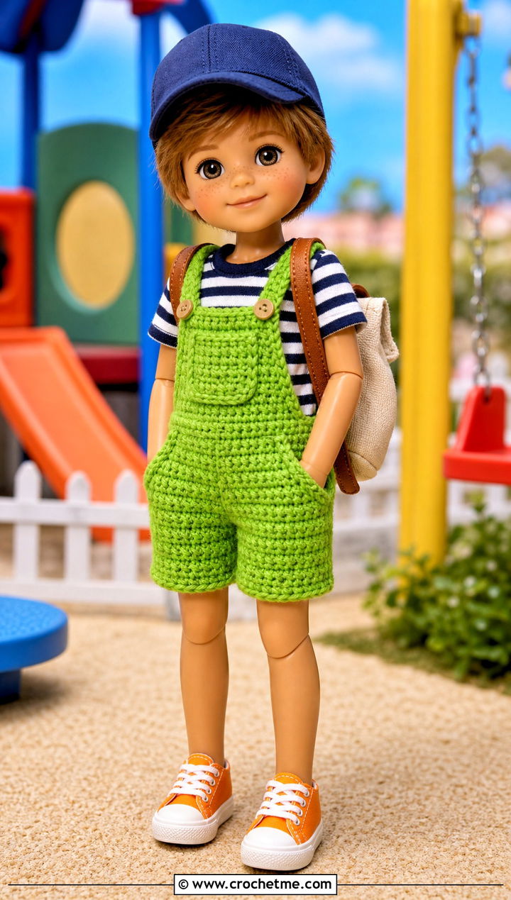 Crochet Overalls With Striped T Shirt - 15 Crochet 5 Inch Doll Clothes and outfit ideas