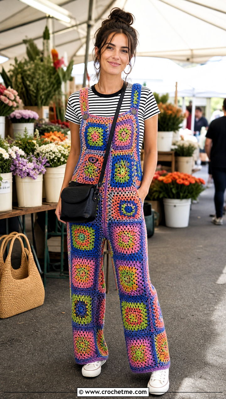 Crochet Overalls With Striped T Shirt - 30 crochet clothes outfit ideas