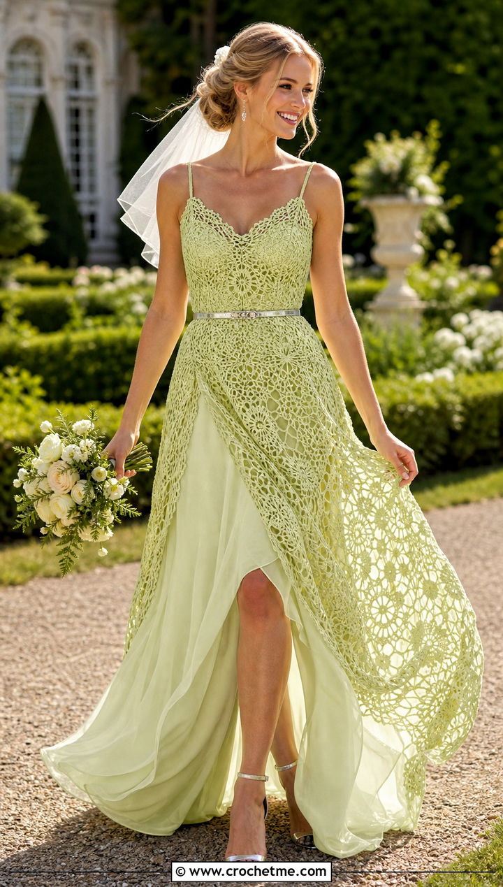 Crochet Overlay Chiffon Wedding Dress With Strappy Heels - 25 boho crochet wedding dress outfit ideas