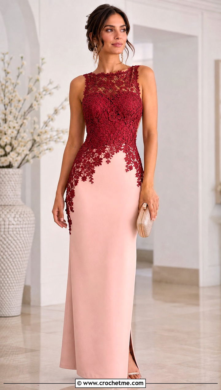 Crochet Overlay Crepe Column Dress With Sandals - 25 fabric and crochet dress outfit ideas