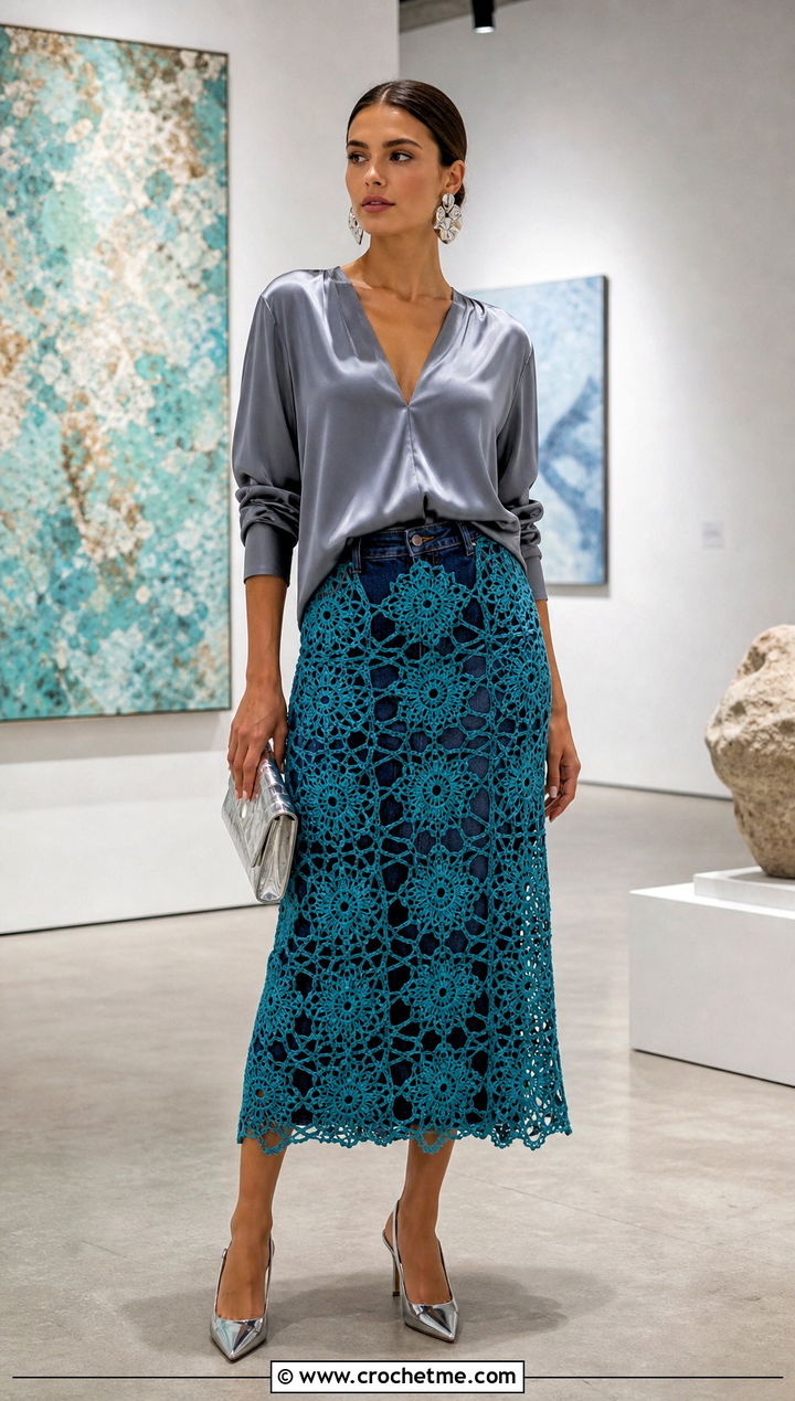 Crochet Overlay Denim Midi Skirt With Satin Blouse - 30 denim crochet skirt outfit ideas