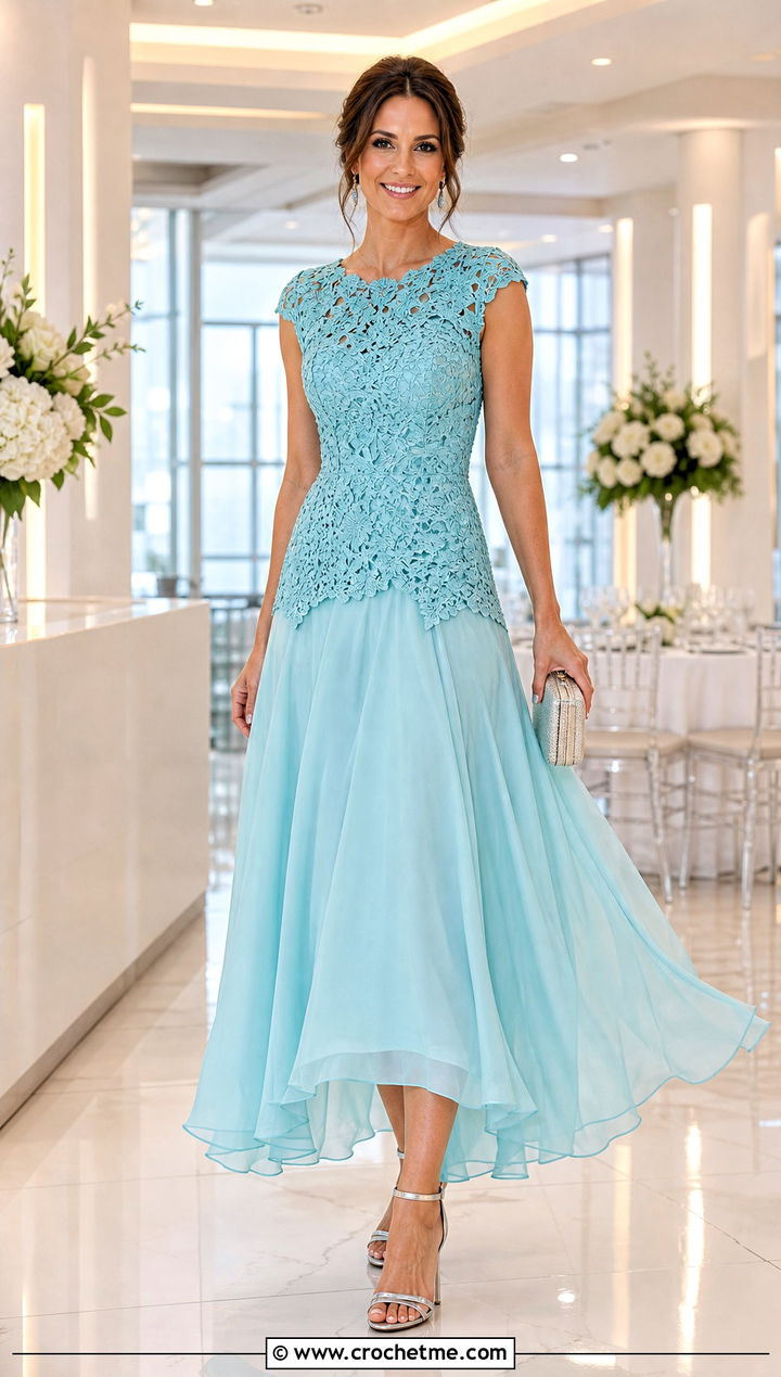 Crochet Overlay Organza Dress With Metallic Sandals - 25 crochet and fabric dress outfit ideas