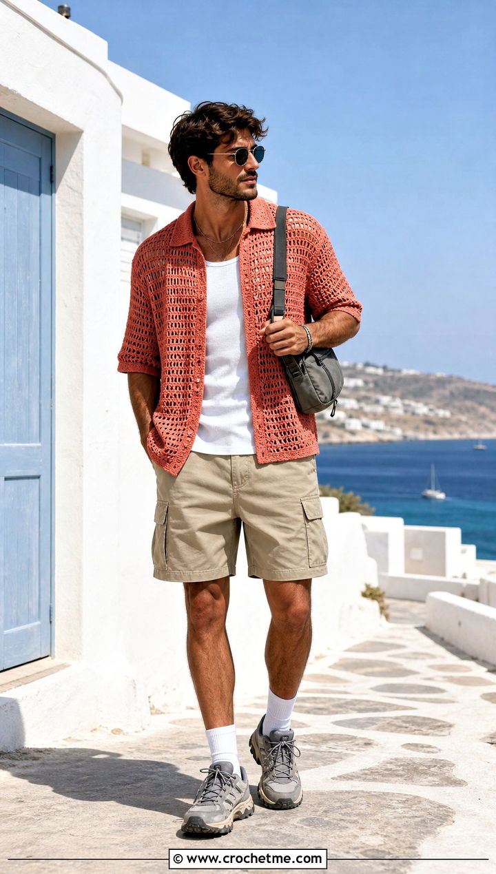 Crochet Overshirt With Cargo Shorts - 35 crochet mens clothes and outfit ideas