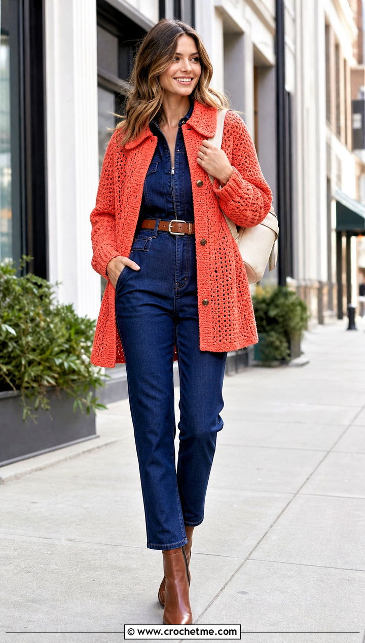 Crochet Overshirt With Denim Jumpsuit - 30 crochet clothes for winter outfit ideas