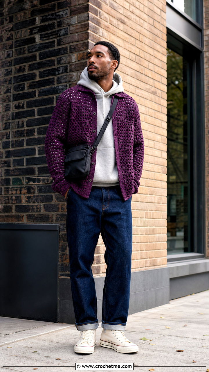 Crochet Overshirt With Hoodie And Jeans - 35 crochet men shirt outfit ideas