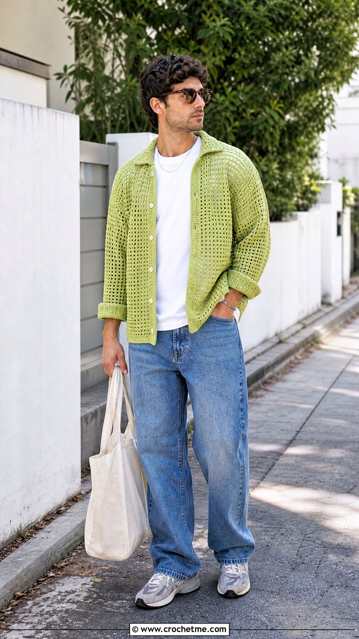 Crochet Overshirt With T Shirt And Faded Jeans - 35 mens crochet shirt outfit ideas