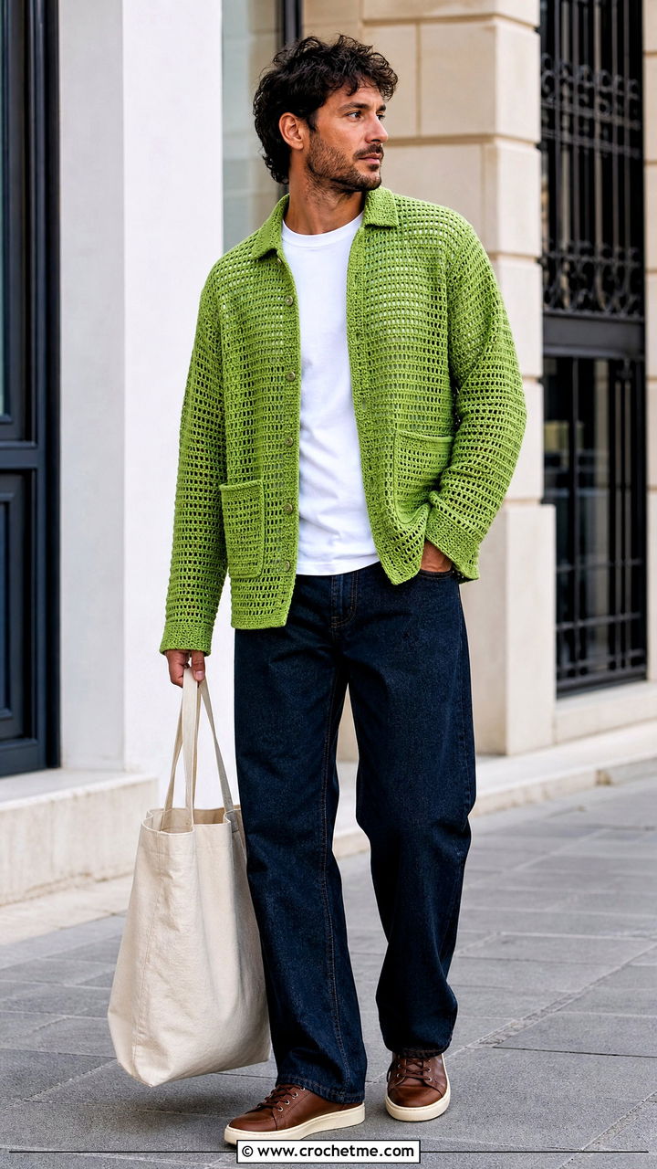 Crochet Overshirt With T Shirt And Jeans - 35 crochet clothes for men outfit ideas