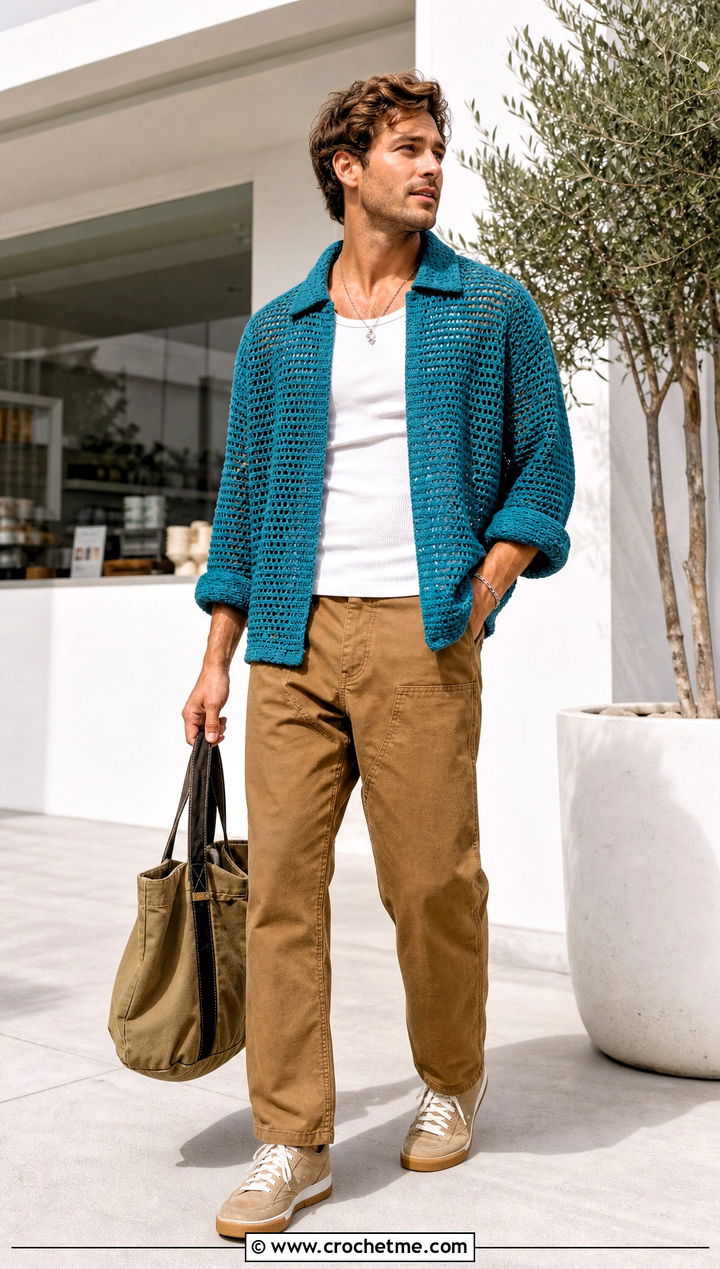 Crochet Overshirt With Tank And Work Pants - 30 Mens Crochet Outfit ideas
