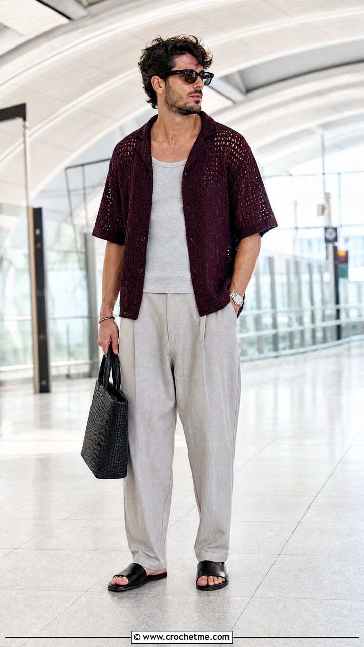 Crochet Overshirt With Tank Top And Relaxed Pants - 35 crochet mens shirt outfit ideas