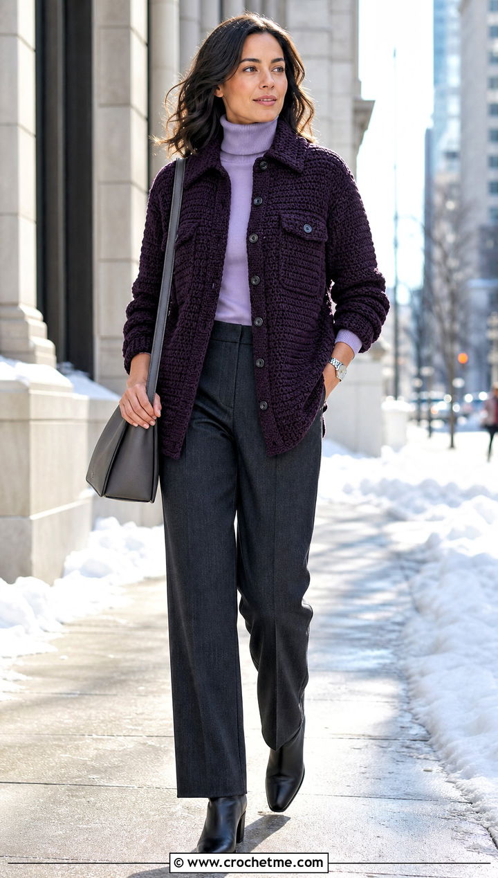 Crochet Overshirt With Turtleneck And Wool Pants - 30 crochet unisex shirt outfit ideas