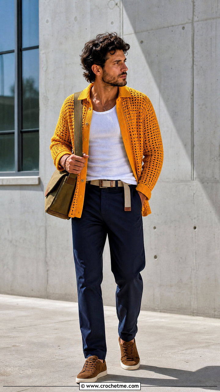 Crochet Overshirt With Twill Pants - 35 crochet outfits for men outfit ideas