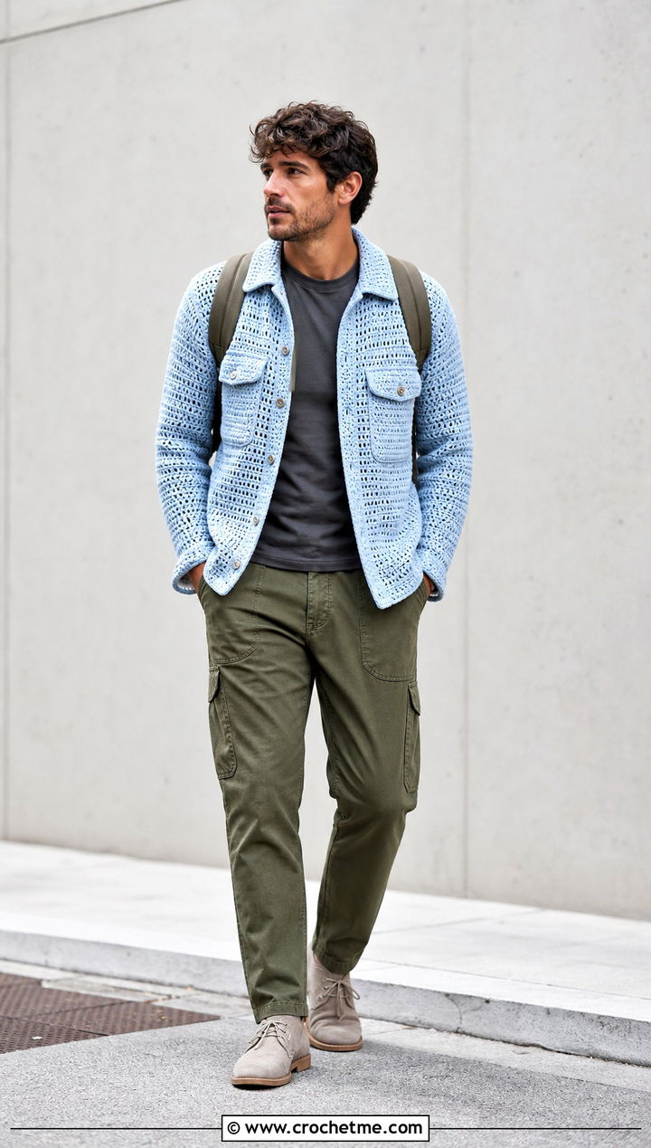 Crochet Overshirt With Utility Trousers - 25 Crochet Men Clothing and outfit ideas