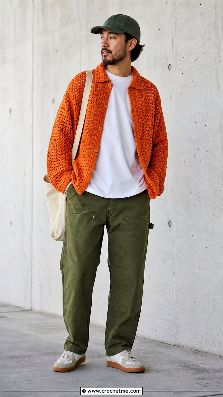 Crochet Overshirt With White T Shirt And Work Pants - 35 crochet shirts for men outfit ideas