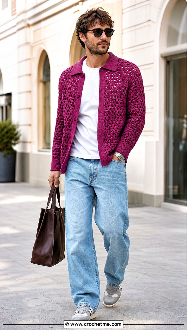 Crochet Overshirt With White T Shirt - 25 crochet men's clothes and outfit ideas