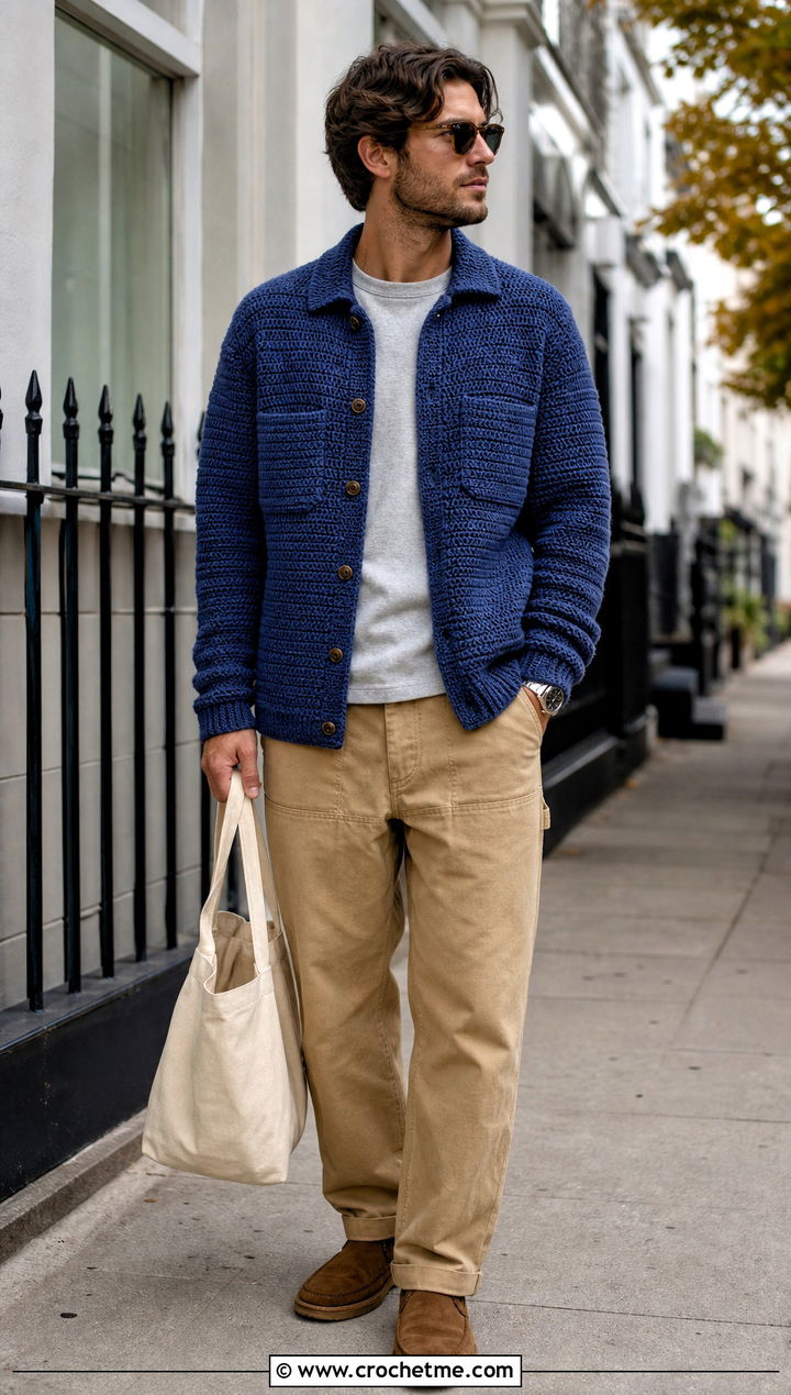 Crochet Overshirt With Workwear Pants - 15 men crochet clothes and outfit ideas