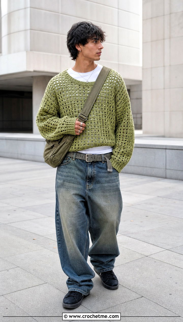 Crochet Oversized Sweater With Baggy Jeans - 30 Easy Crochet Mens Sweater outfit ideas
