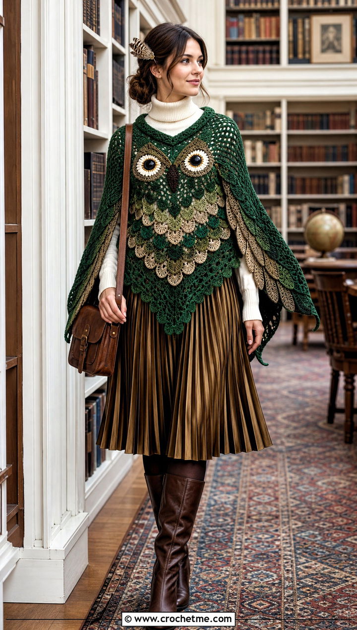 Crochet Owl Poncho With Pleated Skirt - 35 Crochet Halloween Costume Women outfit ideas
