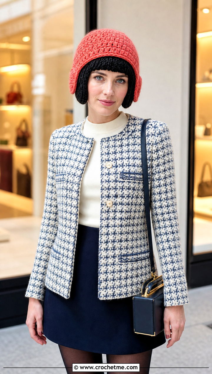 Crochet Pageboy Wig Hat With Tweed Jacket And Mini Skirt - 20 Crochet Wig Hat outfit ideas