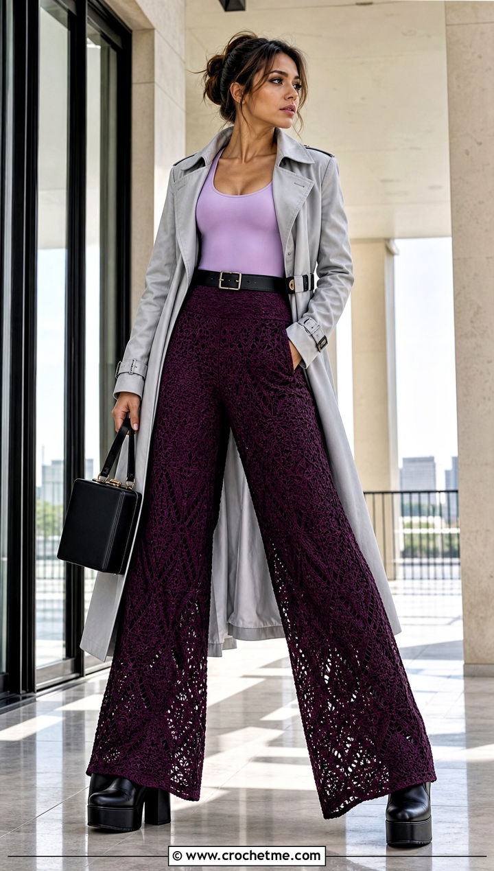 Crochet Palazzo Pants With Fitted Bodysuit And Trench Coat - 25 Winter Crochet Clothes and outfit ideas