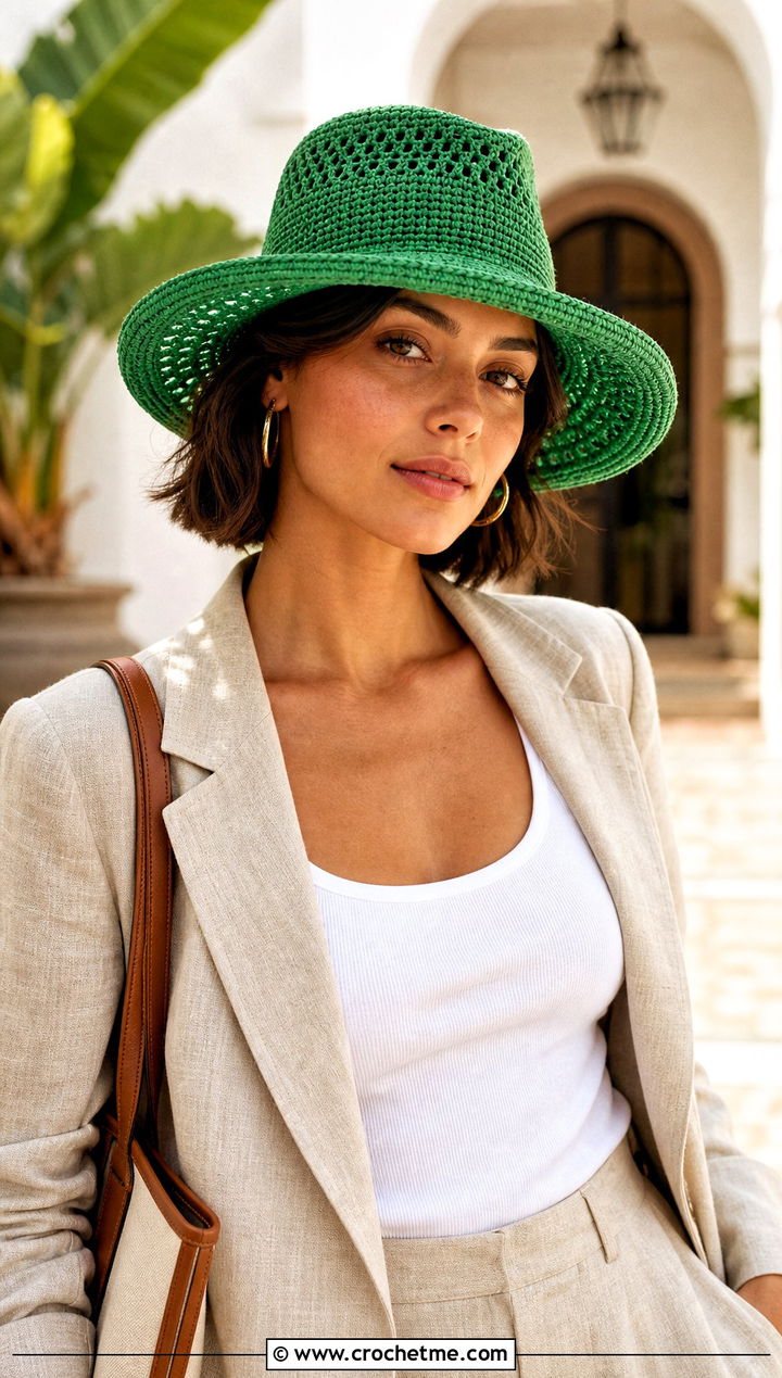 Crochet Panama Hat With Linen Suit - 30 Women Crochet Hats outfit ideas