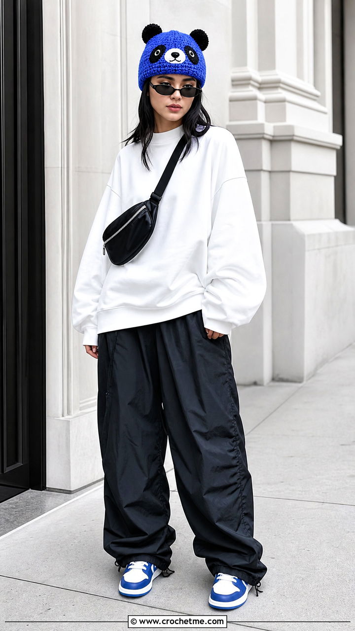 Crochet Panda Beanie With Monochrome Streetwear - 35 crochet character hats outfit ideas