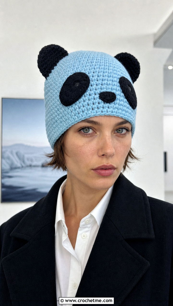 Crochet Panda Ear Hat With Monochrome Outfit - 20 Crochet Character Hat outfit ideas