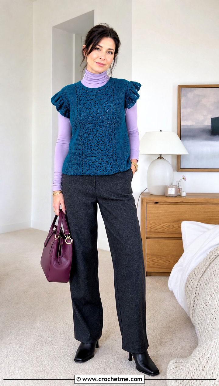 Crochet Panel Buttercup Top Over A Turtleneck - 25 Buttercup Crochet Top outfit ideas