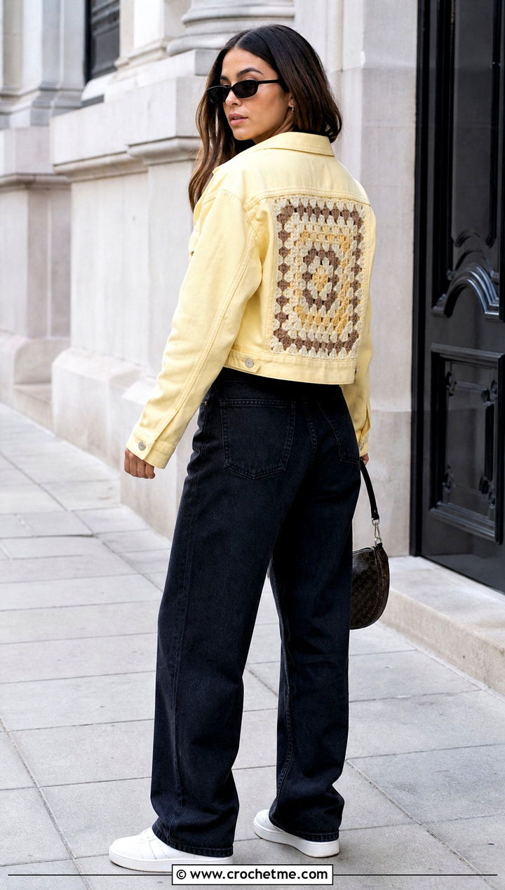 Crochet Panel Denim Jacket With Wide Leg Pants - 15 Crochet Clothes With Fabric outfit ideas