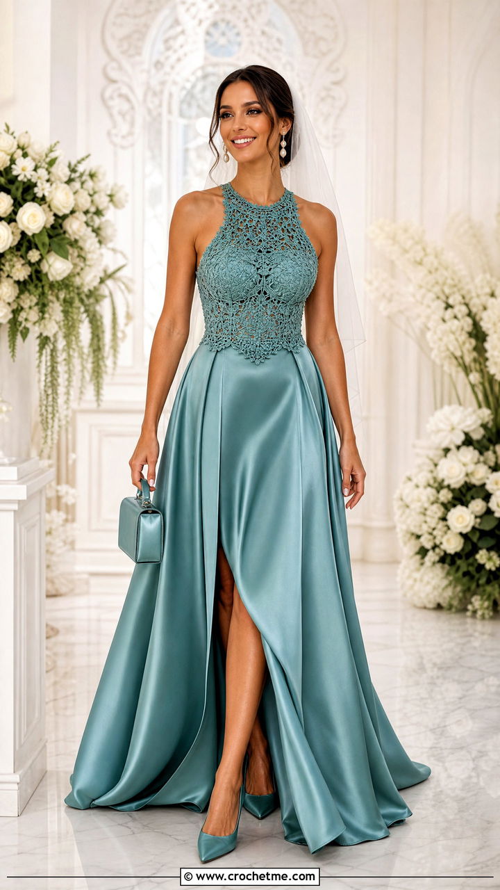 Crochet Panel Satin Gown With Pointed Pumps - 35 crochet wedding dress outfit ideas