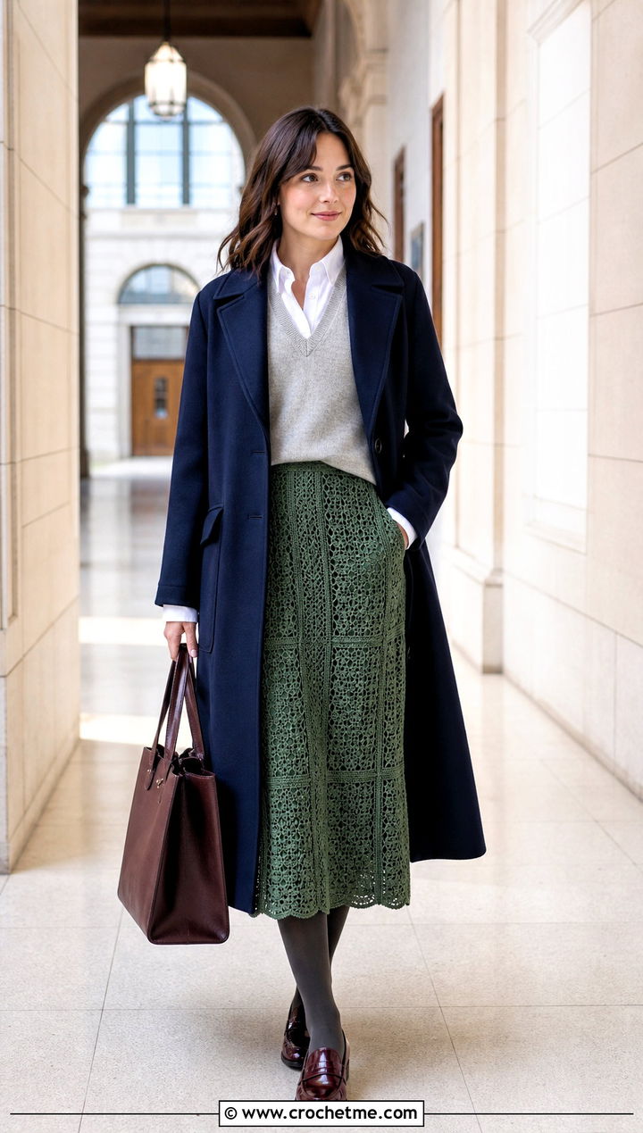 Crochet Panel Skirt With Button Down Shirt - 35 crochet winter skirt outfit ideas