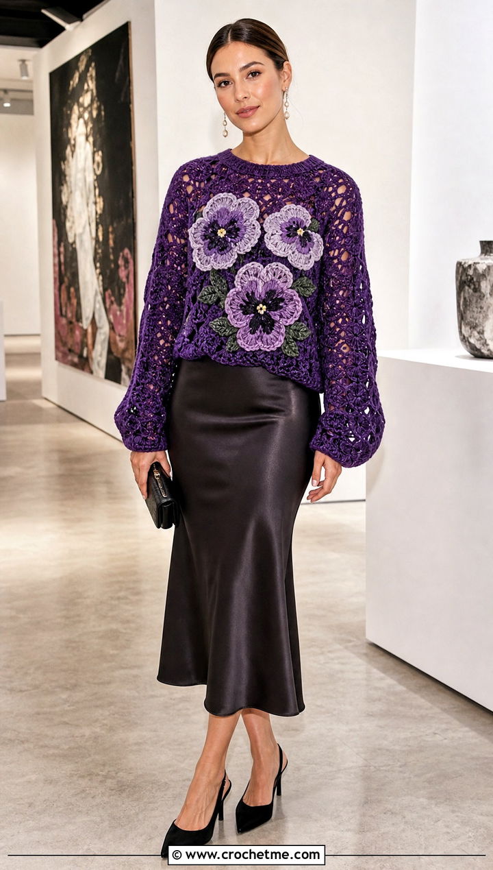 Crochet Pansy Sweater With Satin Midi Skirt - 30 crochet flowers on sweater outfit ideas