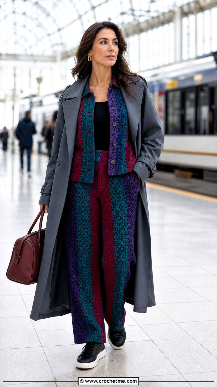 Crochet Pants Set With Long Trench Coat - 35 autumn crochet clothes and outfit ideas