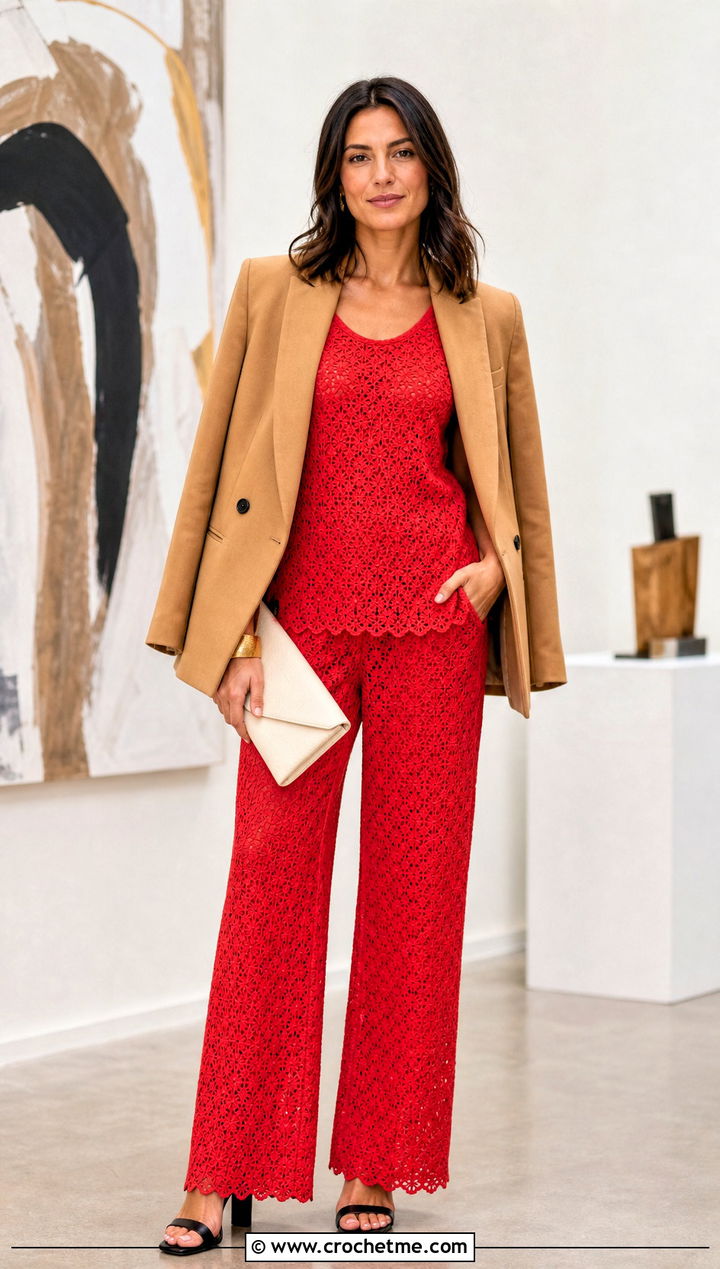 Crochet Pants Set With Tailored Blazer - 30 Spring Crochet Clothes Ideas