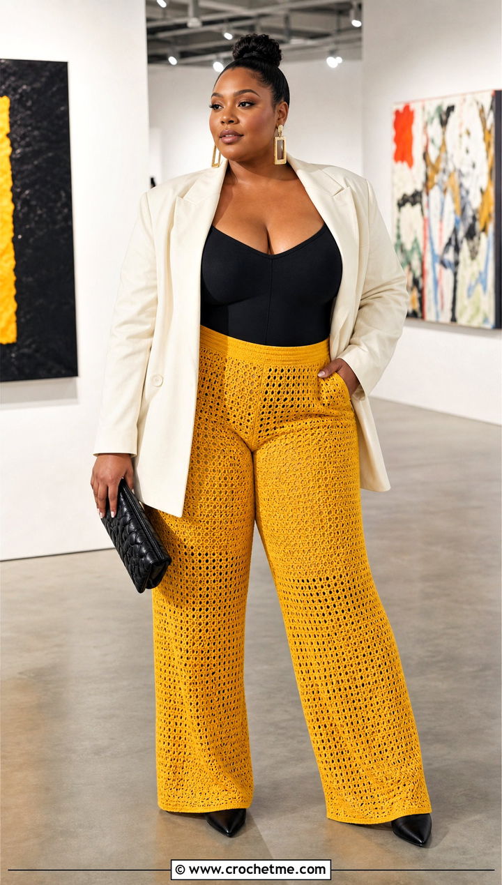 Crochet Pants With Bodysuit And Oversized Blazer - 35 plus size crochet outfit ideas