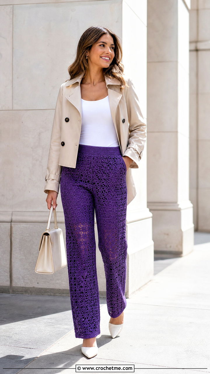 Crochet Pants With Cropped Trench Coat - 35 crochet clothes for women outfit ideas
