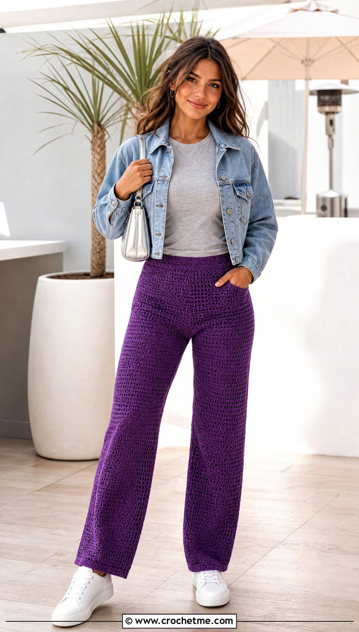 Crochet Pants With Fitted T Shirt And Denim Jacket - 25 Crochet For Beginners Clothes and outfit ideas