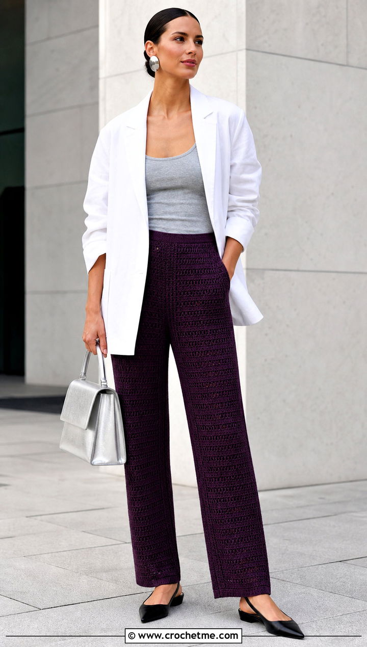 Crochet Pants With Oversized Blazer - 15 Summer Crochet Clothing Style outfit ideas