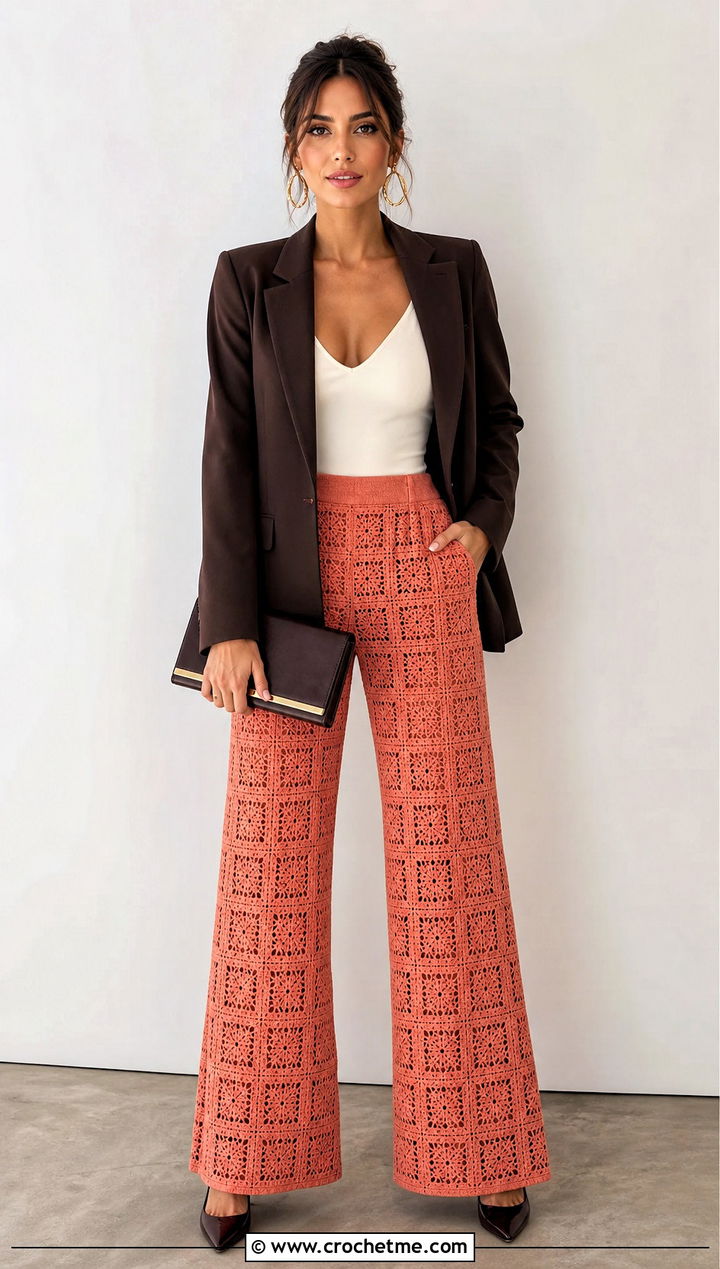 Crochet Pants With Structured Blazer - 15 Crochet Nye Outfit ideas