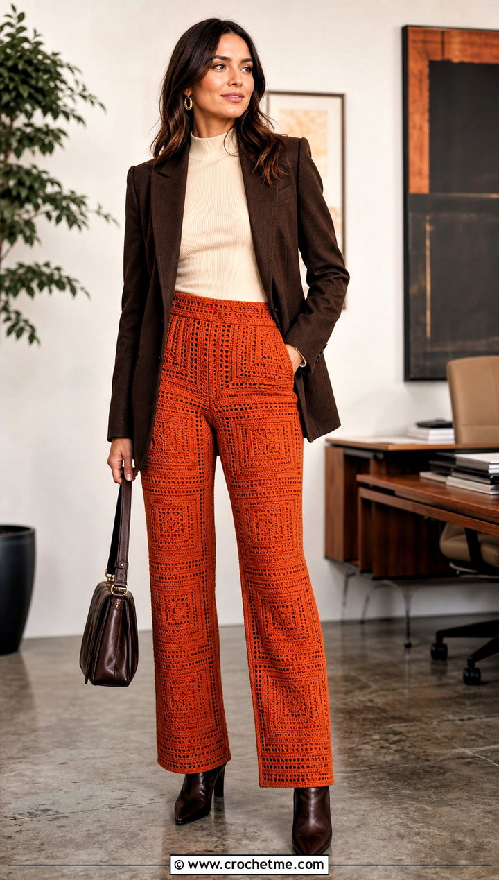 Crochet Pants With Tailored Blazer - 25 Autumn Crochet Outfit ideas